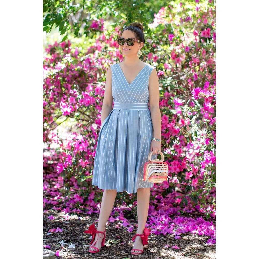 Gal Meets Glam Collection Blue White Striped Bow Back Fit Flare Dress Size 10